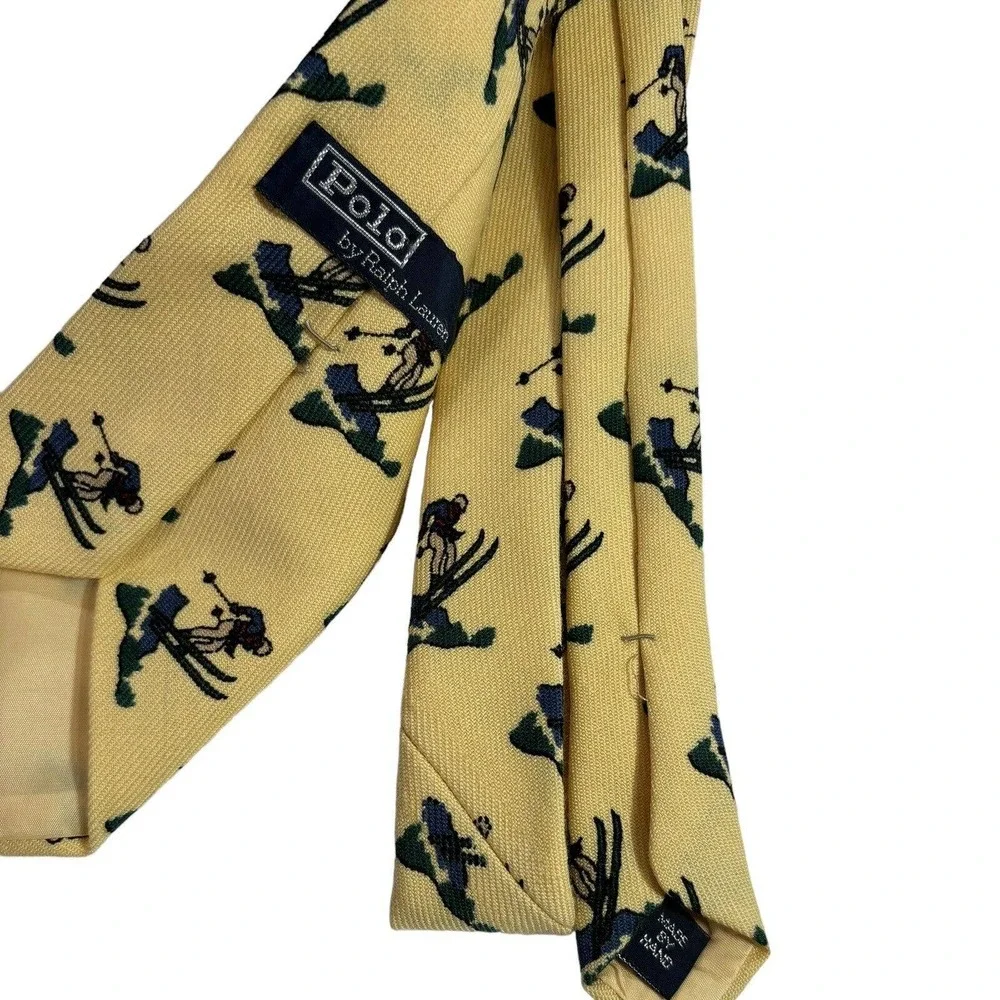 Vintage Polo‎ by Ralph Lauren Tie Handmade 100% Wool Yellow Ski Logo USA